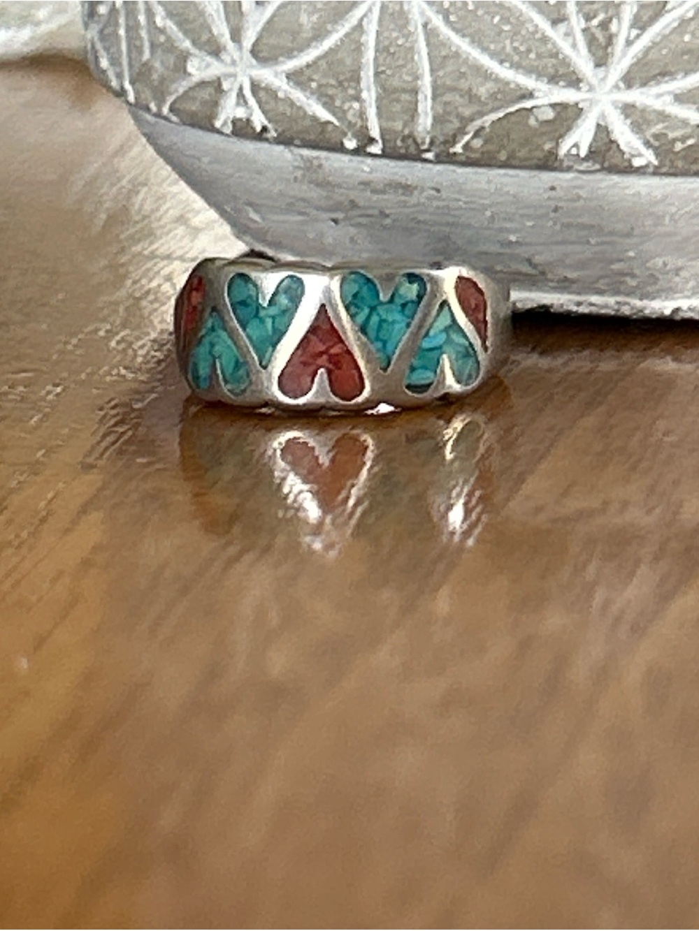 Vintage Native AmericanSterling Silver Heart Inlay Ring with Turquoise and Coral - Picture 3 of 7